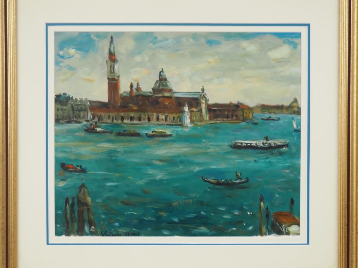 BATTISTA.  "Venise" Huile sur papier, signée en bas à gauche Dim. 36 x