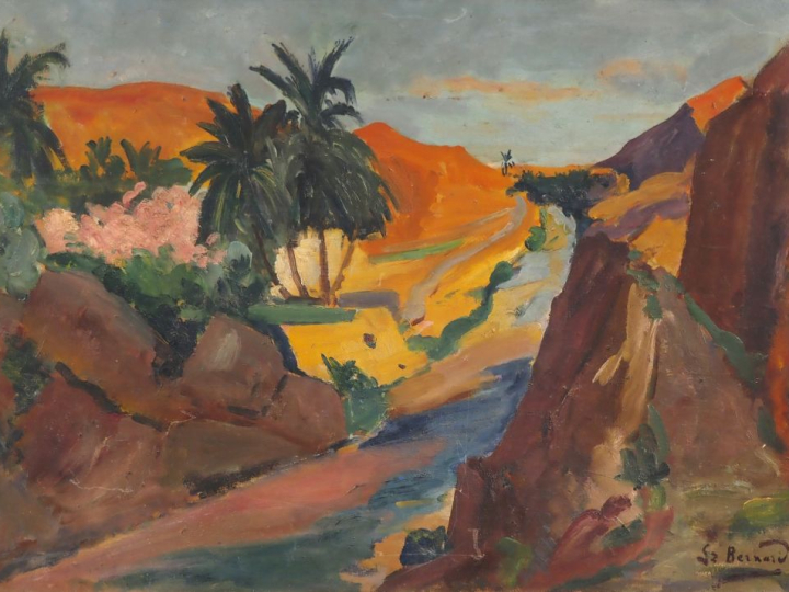 BERNARD.  "Oasis en Afrique du Nord" Huile sur carton, signée en bas à