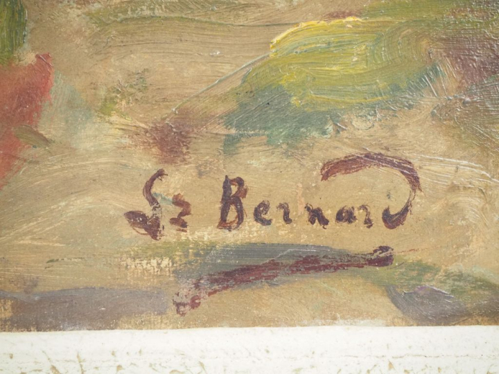 BERNARD.  "Oasis en Afrique du Nord" Huile sur carton, signée en bas à