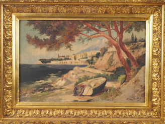 Vente aux enchères BILLET.  "Vue de la Riviera" Huile sur panneau, signée en bas à droite