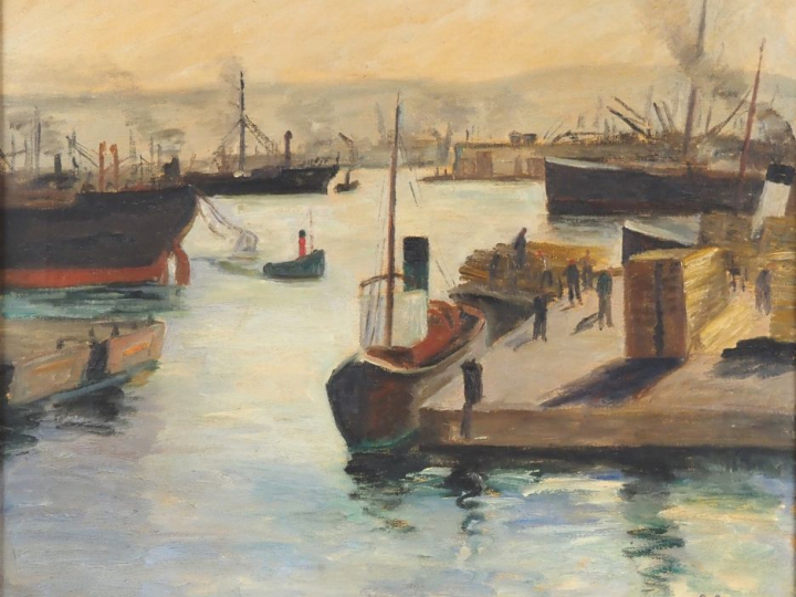 JANE CABANNE.  "le port" Huile sur toile, signée en bas à droite. Dim.