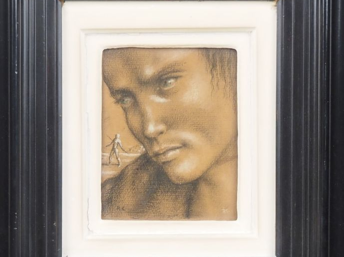 Rolland CAILLEUX. "Portrait de garçon et personnage" Dessin au fusain,