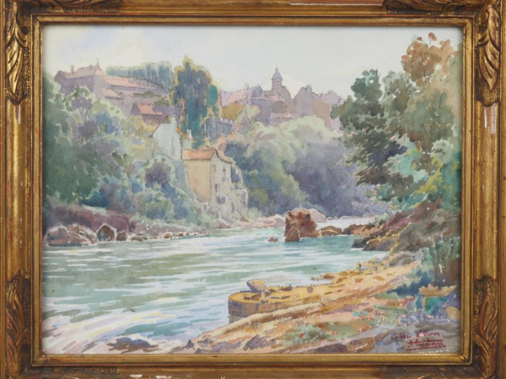 A. CASABONNE.  "Le Gave à Oloron" Aquarelle, signée en bas à droite Di