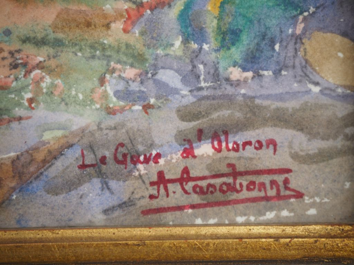 A. CASABONNE.  "Le Gave à Oloron" Aquarelle, signée en bas à droite Di