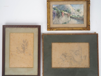 Vente aux enchères A. CHÂTEAU.  "la fin du travail à Alger"  Dessin au crayon, signé et t