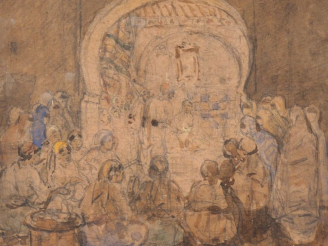 Vente aux enchères A. CHÂTEAU. "Réunion dans le souk"  Aquarelle, monogrammée en bas à dr