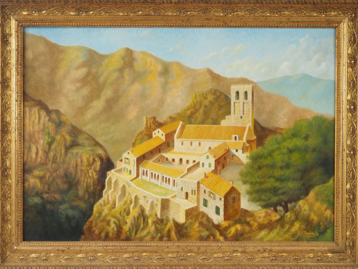 A. CHABAUD.  "Monastère dans la montagne" Huile sur panneau, signée en