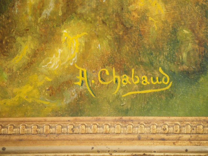 A. CHABAUD.  "Monastère dans la montagne" Huile sur panneau, signée en