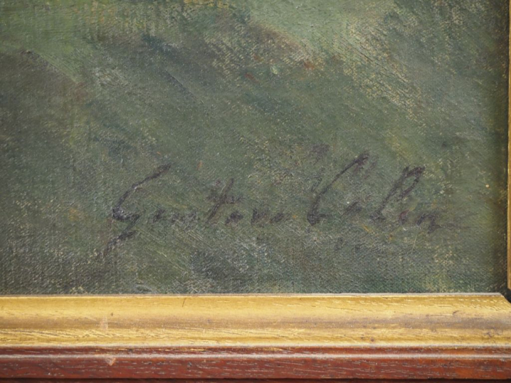 Gustave COLIN.  "Paysan devant la ferme" Huile sur toile, signée en ba