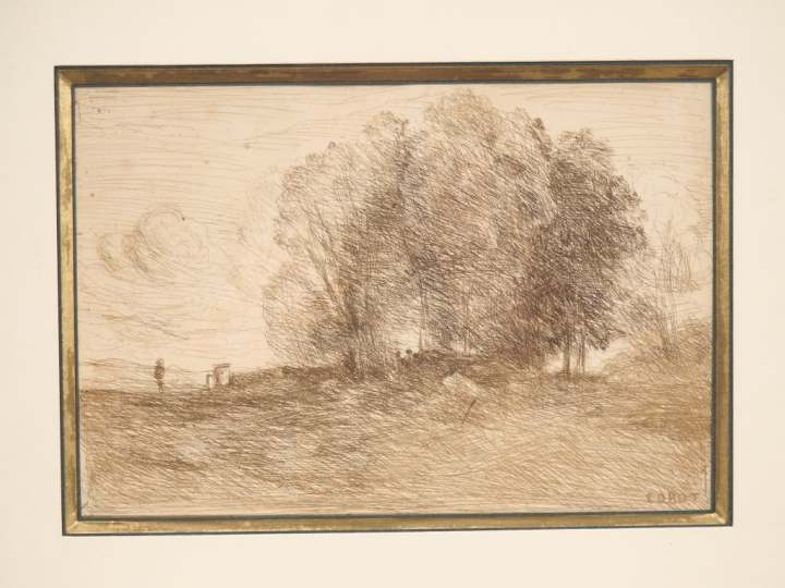 COROT.  "Paysage aux peupliers" Cliché verre  Dim. 16 x 23,5 cm