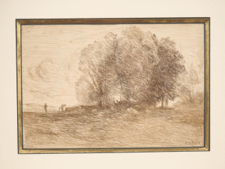 Vente aux enchères COROT.  "Paysage aux peupliers" Cliché verre  Dim. 16 x 23,5 cm
