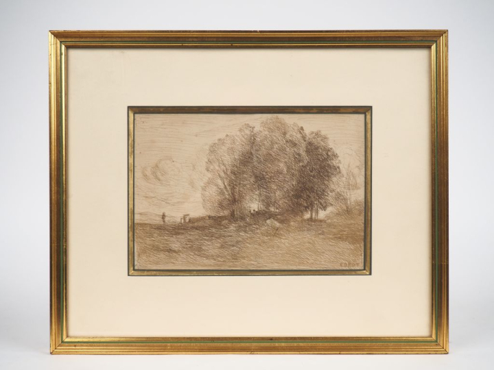 COROT.  "Paysage aux peupliers" Cliché verre  Dim. 16 x 23,5 cm