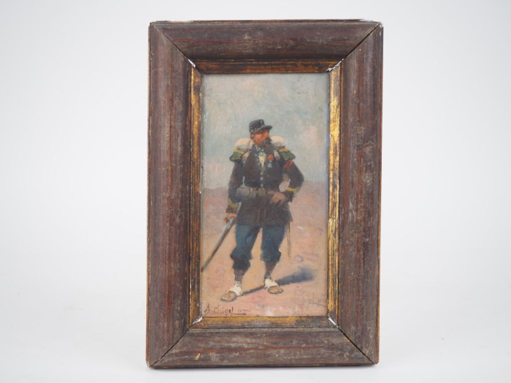 CHIGOT.  "Soldat" Huile sur panneau, signée en haut à gauche  Dim. 21,