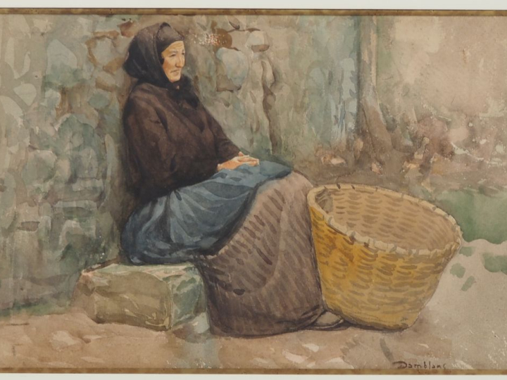 DAMBLANC.  "vendeuse au panier" Aquarelle, signée en bas à droite.  Di