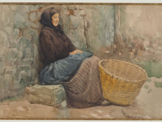 Vente aux enchères DAMBLANC.  "vendeuse au panier" Aquarelle, signée en bas à droite.  Di