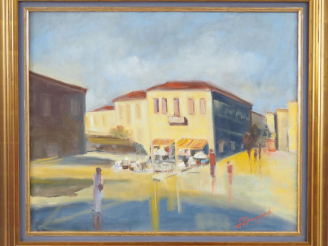 Vente aux enchères DROMARD.  "ville animée et ensoleillée" Huile sur toile, signée en bas