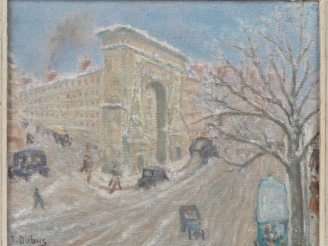 Vente aux enchères DUBYS. "Paris sous la neige" Huile sur toile, signée en bas à gauche. 