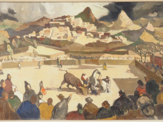 Vente aux enchères Rafael DURANCAMPS.  "Scène de Corrida" Huile sur toile, signée au dos 