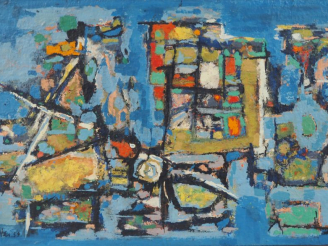 Vente aux enchères S. ETTER.  "composition abstraite" Huile sur panneau, signée en bas à 