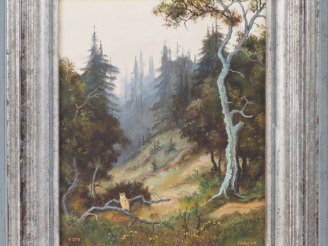 Vente aux enchères FARJHAS. "le grand duc dans la forêt" Huile sur panneau, signée en bas