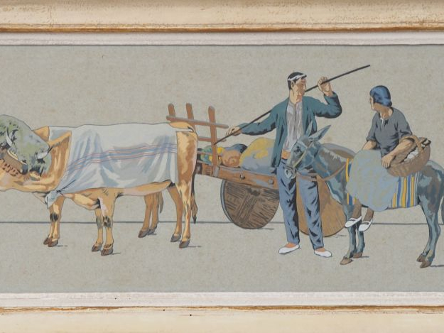 FLOUTIER.  "paysans basques et leur paire de boeufs".  Pochoir, signé 