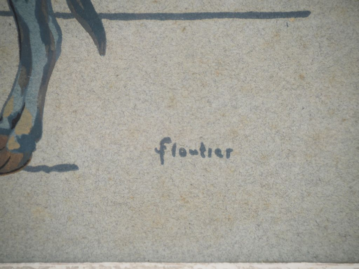 FLOUTIER.  "paysans basques et leur paire de boeufs".  Pochoir, signé 