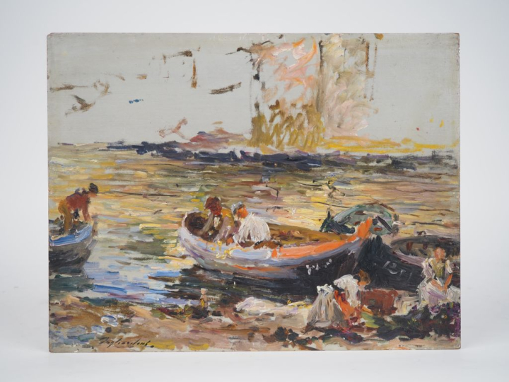 Julien Gustave GAGLIARDINI.  "Pêcheurs et barques" Huile sur panneau, 