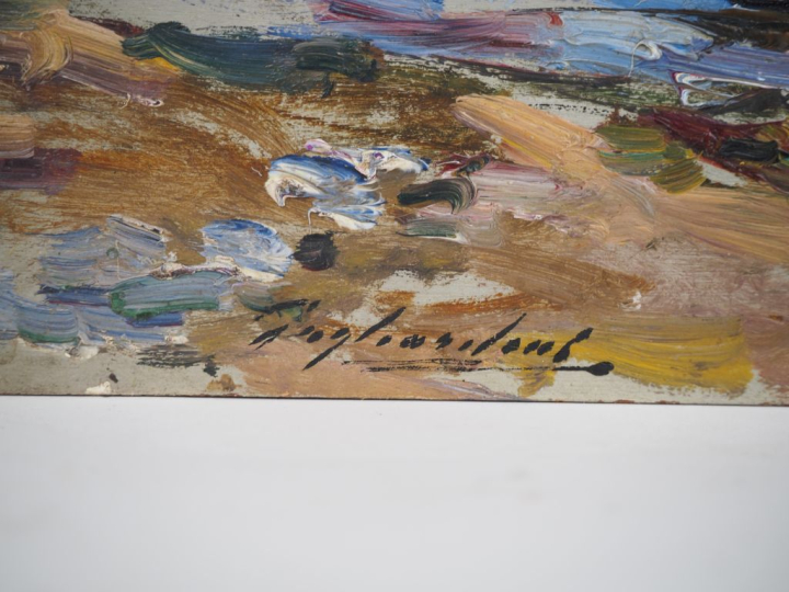 Julien Gustave GAGLIARDINI.  "Pêcheurs et barques" Huile sur panneau, 