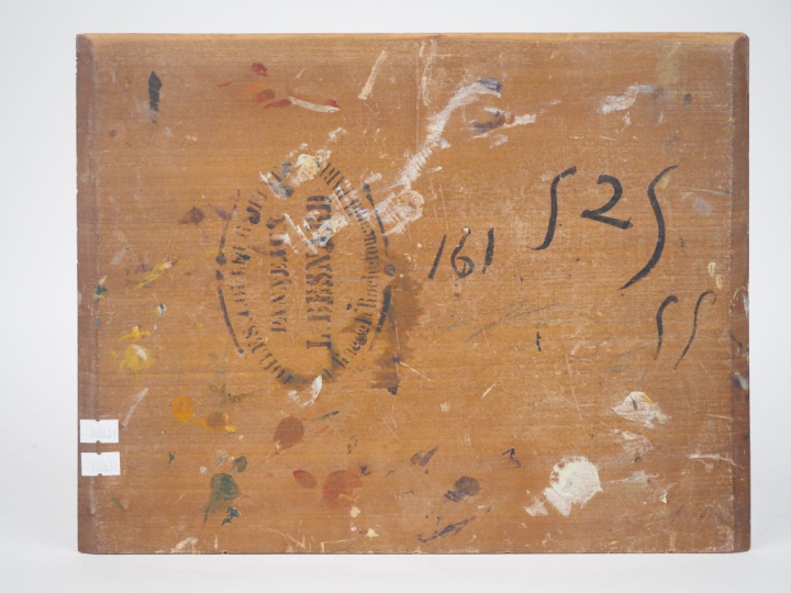 Julien Gustave GAGLIARDINI.  "Pêcheurs et barques" Huile sur panneau, 