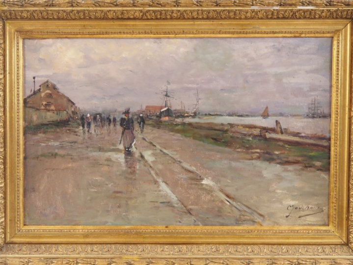 GODCHAUX.  "port et jetée animée" Huile sur toile, signée en bas à dro