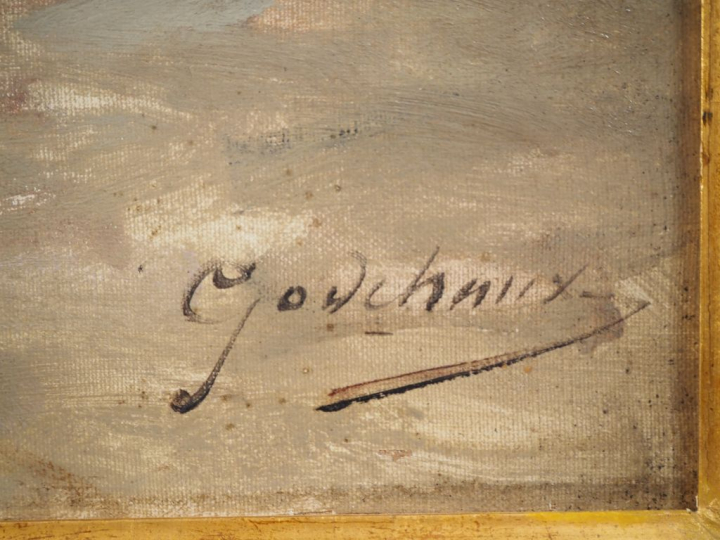 GODCHAUX.  "port et jetée animée" Huile sur toile, signée en bas à dro