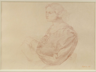 Vente aux enchères GREUNIER.  "Portrait de jeune femme mélancolique" Dessin au fusain sig