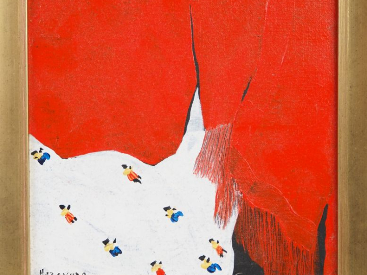 HAZAVARA.  "Derrière le rideau" Huile sur toile, signée en bas à gauch