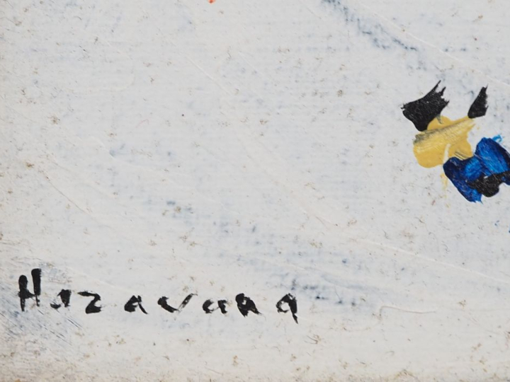 HAZAVARA.  "Derrière le rideau" Huile sur toile, signée en bas à gauch