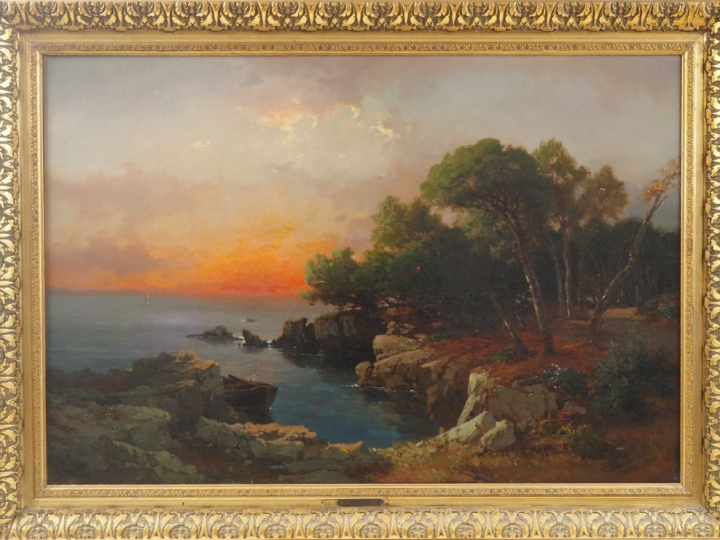 L. C. IWILL.  "coucher de soleil sur la Côte d'azur" Huile sur carton,