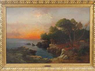 Vente aux enchères L. C. IWILL.  "coucher de soleil sur la Côte d'azur" Huile sur carton,