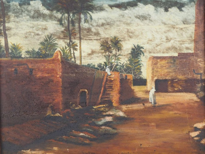 JAMBES.  "Biskra dans l'Oasis" Huile sur toile, signée en bas à gauche