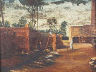 Vente aux enchères JAMBES.  "Biskra dans l'Oasis" Huile sur toile, signée en bas à gauche
