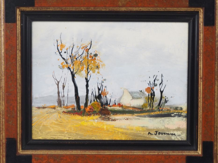 Michel JOUENNE.  "la chaumière".  Huile sur toile, signée en bas à dro