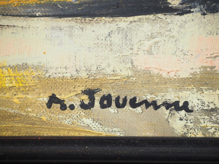 Michel JOUENNE.  "la chaumière".  Huile sur toile, signée en bas à dro