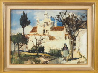 Vente aux enchères Pierre JUTAND.  "Jeune femme devant une église en Espagne" Huile sur t