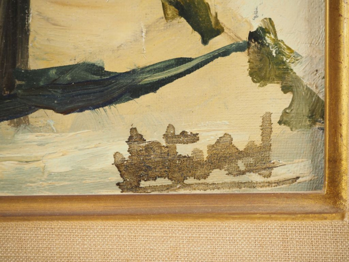 Pierre JUTAND.  "Jeune femme devant une église en Espagne" Huile sur t