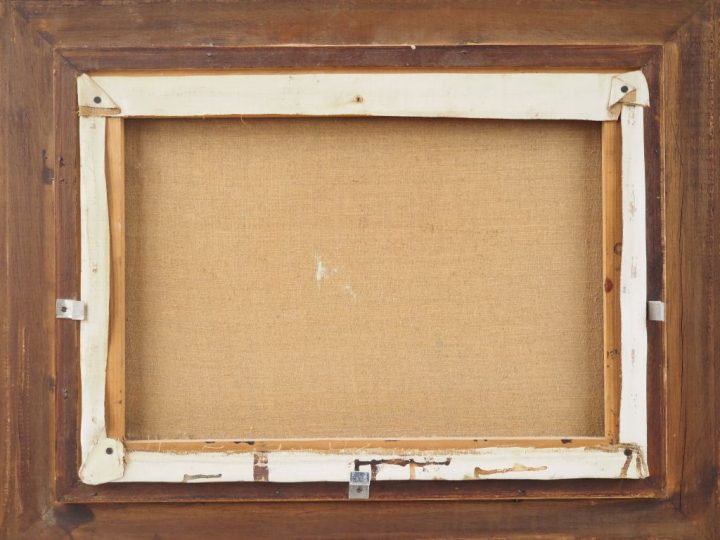 Pierre JUTAND.  "Jeune femme devant une église en Espagne" Huile sur t