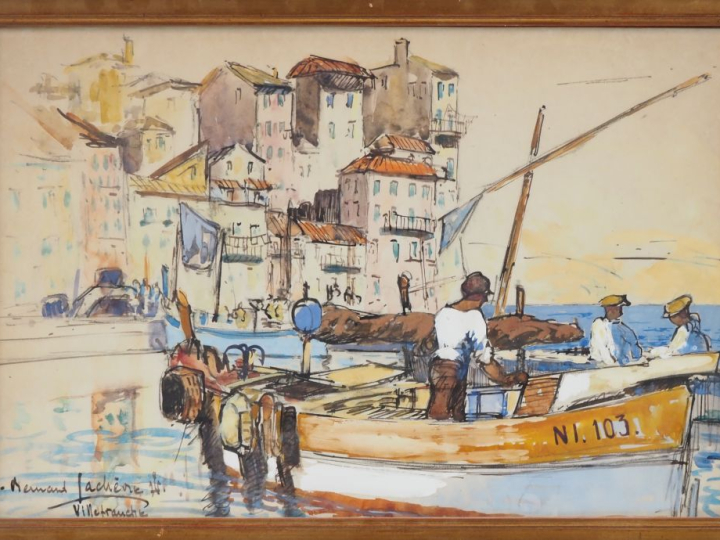 Bernard LACHEVRE.  "Le port de Villefranche sur mer" Aquarelle gouaché