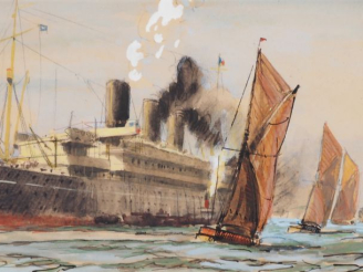 Vente aux enchères Bernard LACHEVRE.  "La Tamise à Tilbury" Aquarelle, signée en bas à dr