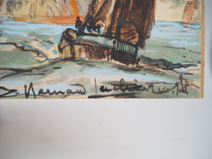 Bernard LACHEVRE.  "La Tamise à Tilbury" Aquarelle, signée en bas à dr