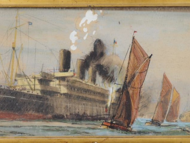 Bernard LACHEVRE.  "La Tamise à Tilbury" Aquarelle, signée en bas à dr