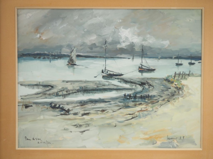 LAVOINE.  "banc de vase à Honfleur" Gouache, signée en bas à droite Di