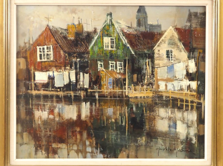 Makoto MASUDA.  "Maisons colorées en bois, au bord de l'eau" Huile sur