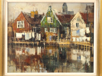 Vente aux enchères Makoto MASUDA.  "Maisons colorées en bois, au bord de l'eau" Huile sur